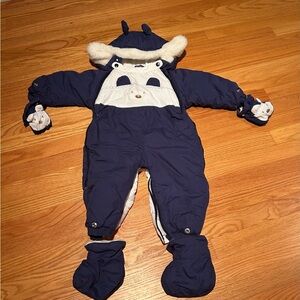 Teddy Bear Navy Blue Baby Snowsuit with mittens and booties. Size 18M